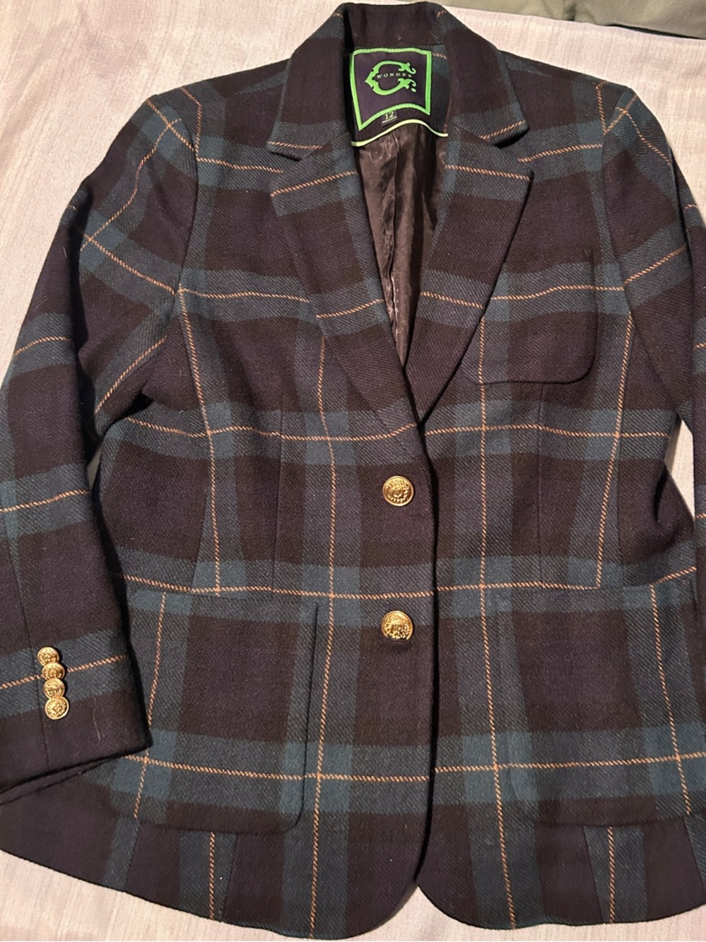 C. Wonder Navy and green, Black Watch Tartan Plaid Wool Blazer with gold buttons
